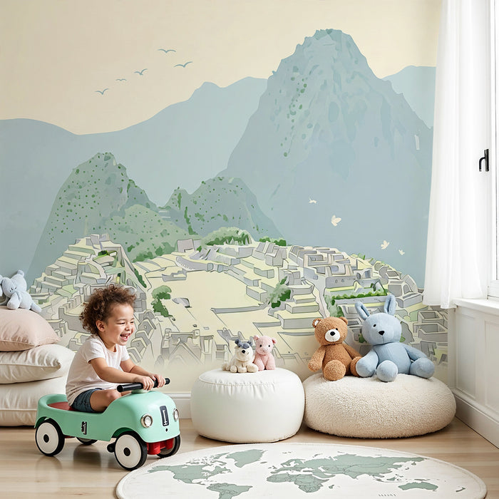 Behang kinderkamer | Betoverend berglandschap met oude ruïnes
