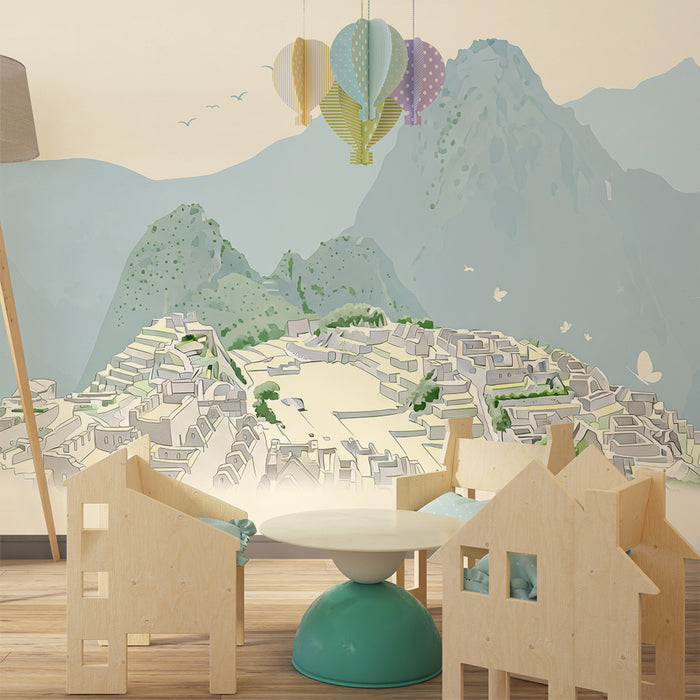 Behang kinderkamer | Betoverend berglandschap met oude ruïnes