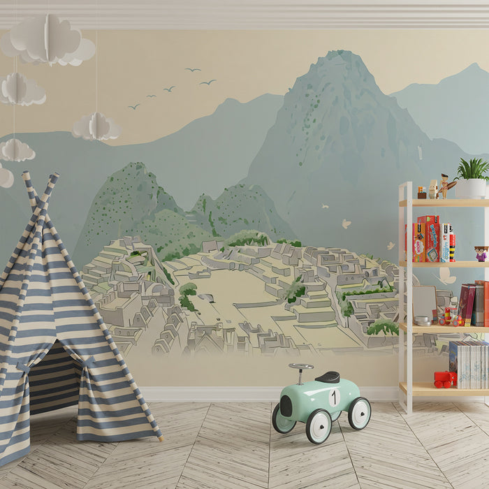 Behang kinderkamer | Betoverend berglandschap met oude ruïnes