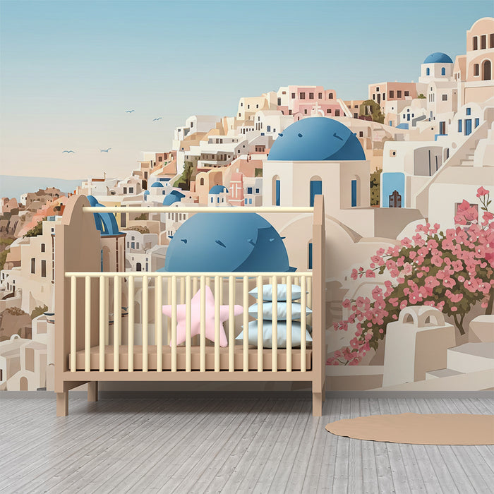 Børnetapet | Fortryllende Santorin-landskab med lyserøde blomster og blå kupler