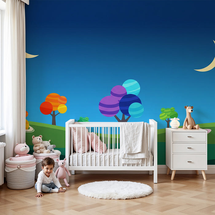 Kinderzimmer-Tapete | Fantastische Landschaft mit bunten Bäumen und Planeten
