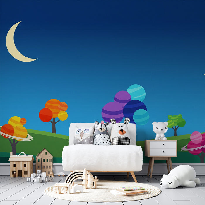 Kinderzimmer-Tapete | Fantastische Landschaft mit bunten Bäumen und Planeten