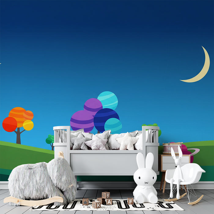 Kinderzimmer-Tapete | Fantastische Landschaft mit bunten Bäumen und Planeten