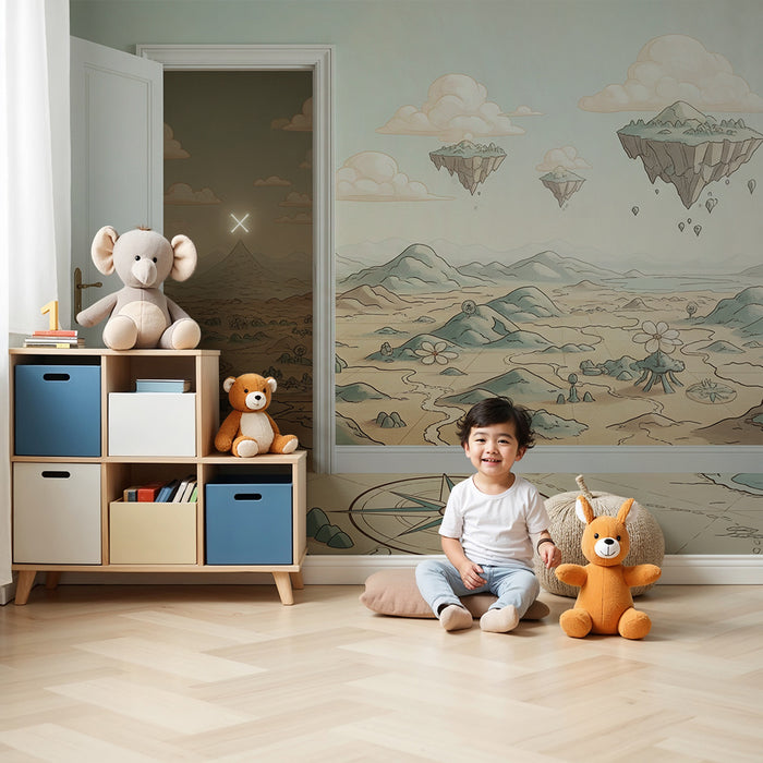 **Text tradus:**

Tapet cameră copii | Peisaj fantastic cu munți plutitori și flori colorate