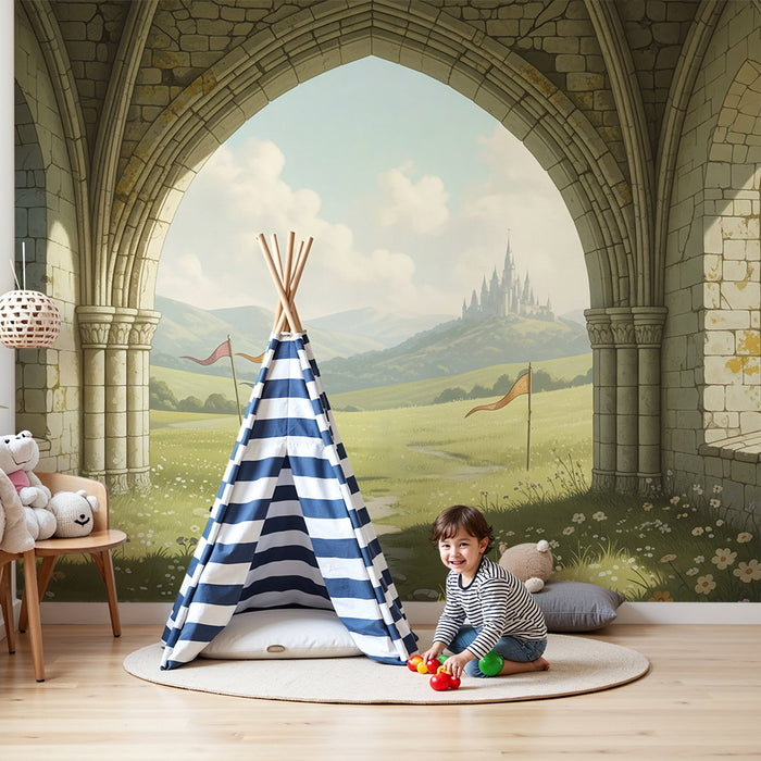 Tapete Kinderzimmer | Märchenhafte Landschaft mit Schloss und Blumenwiesen
