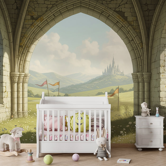 Tapete Kinderzimmer | Märchenhafte Landschaft mit Schloss und Blumenwiesen