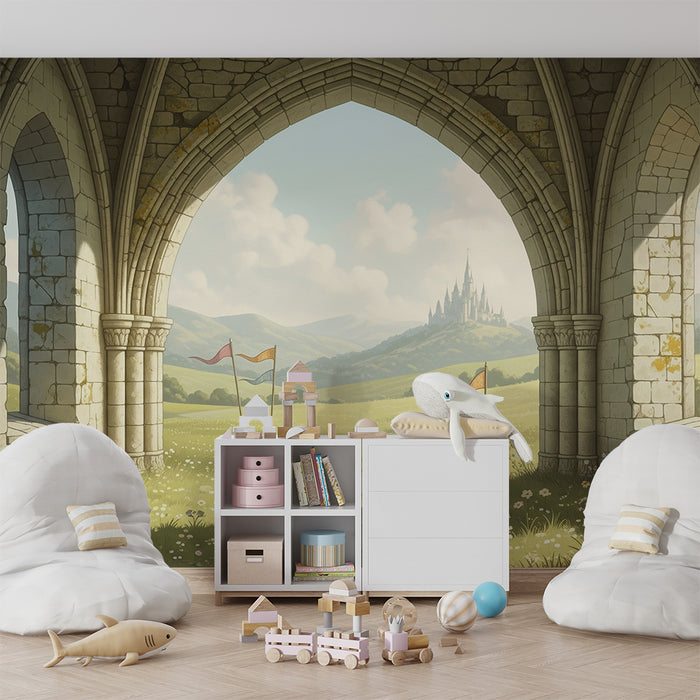 Tapete Kinderzimmer | Märchenhafte Landschaft mit Schloss und Blumenwiesen