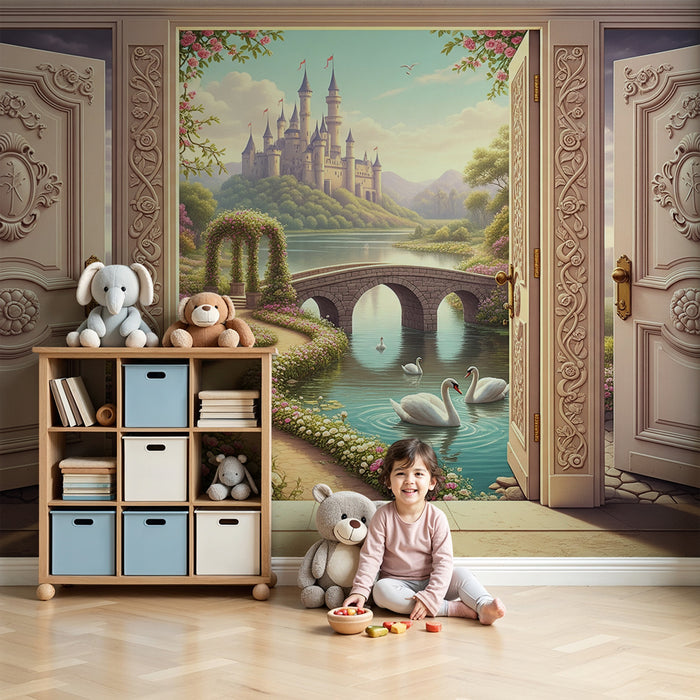 Papier peint chambre enfant | Paysage féerique avec château et cygnes