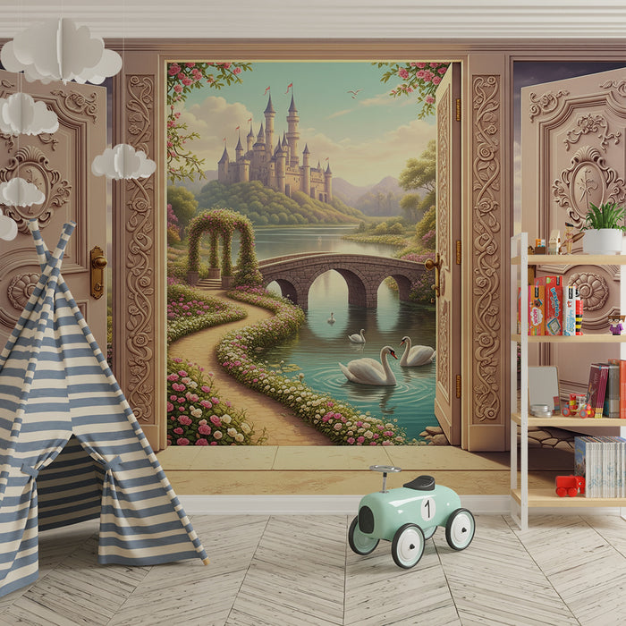 Papier peint chambre enfant | Paysage féerique avec château et cygnes
