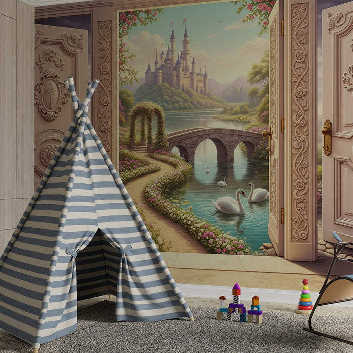 Papier peint chambre enfant | Paysage féerique avec château et cygnes