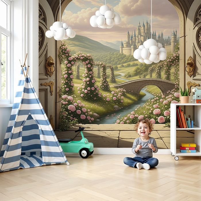 Papier peint chambre enfant | Paysage féerique avec château et roses