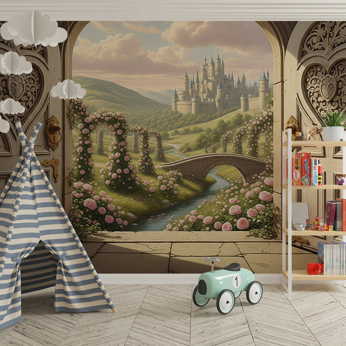 Papier peint chambre enfant | Paysage féerique avec château et roses