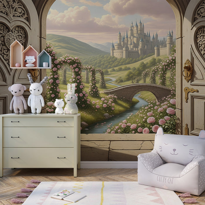 Papier peint chambre enfant | Paysage féerique avec château et roses