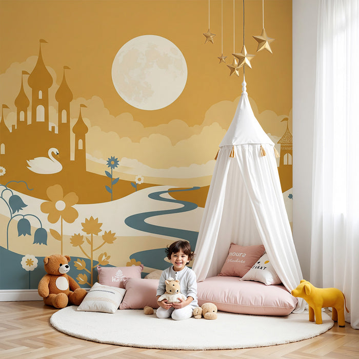 Papier peint chambre enfant | Paysage féerique avec châteaux et fleurs colorées