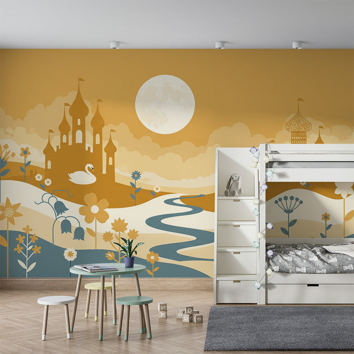 Papier peint chambre enfant | Paysage féerique avec châteaux et fleurs colorées