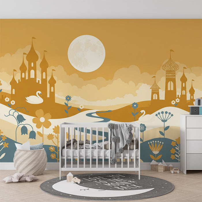 Papier peint chambre enfant | Paysage féerique avec châteaux et fleurs colorées