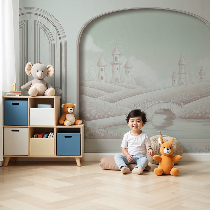 Papier peint chambre enfant | Paysage féerique avec châteaux et pont