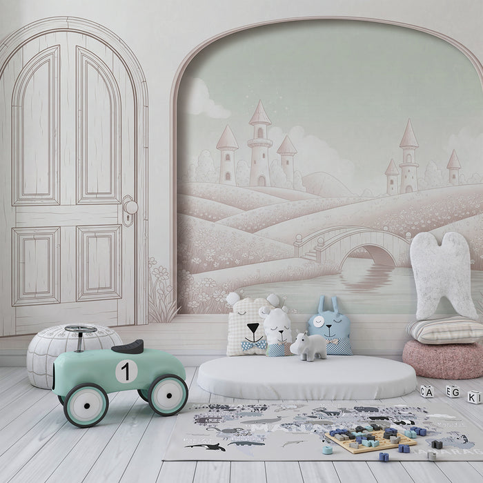 Papier peint chambre enfant | Paysage féerique avec châteaux et pont