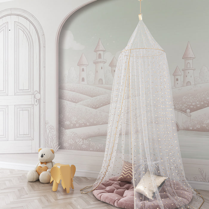 Papier peint chambre enfant | Paysage féerique avec châteaux et pont