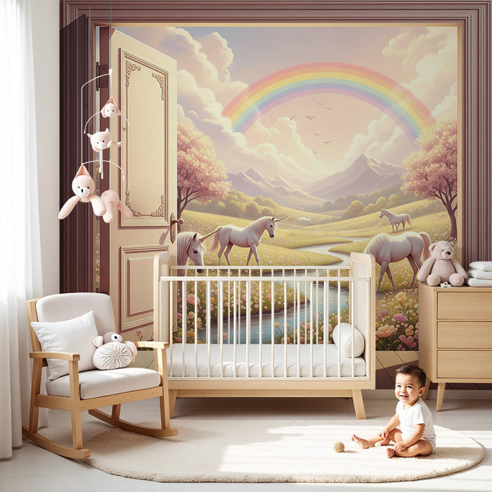 Carta da parati per camera bambini | Paesaggio fiabesco con unicorni e arcobaleno