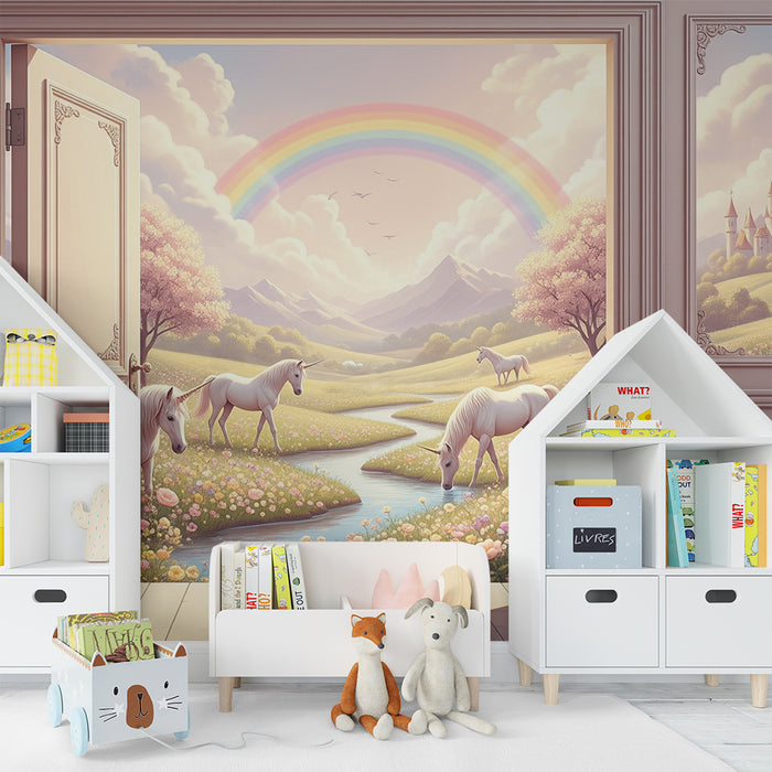 Carta da parati per camera bambini | Paesaggio fiabesco con unicorni e arcobaleno