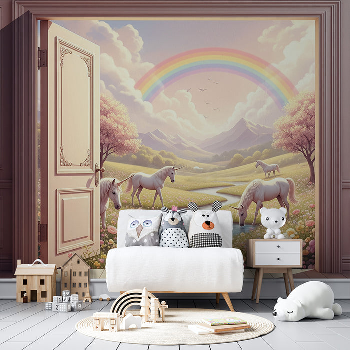 Carta da parati per camera bambini | Paesaggio fiabesco con unicorni e arcobaleno