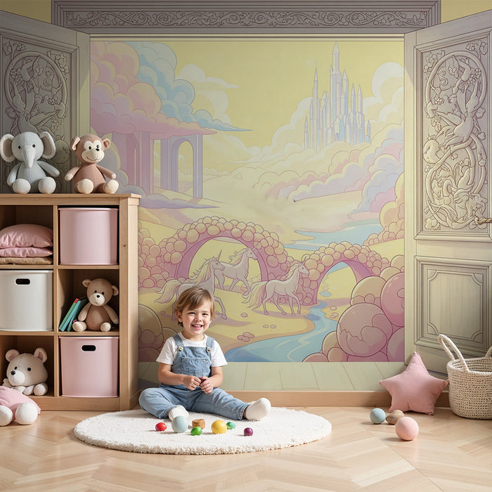 Carta da parati per camera bambini | Paesaggio incantato con unicorni e castello magico
