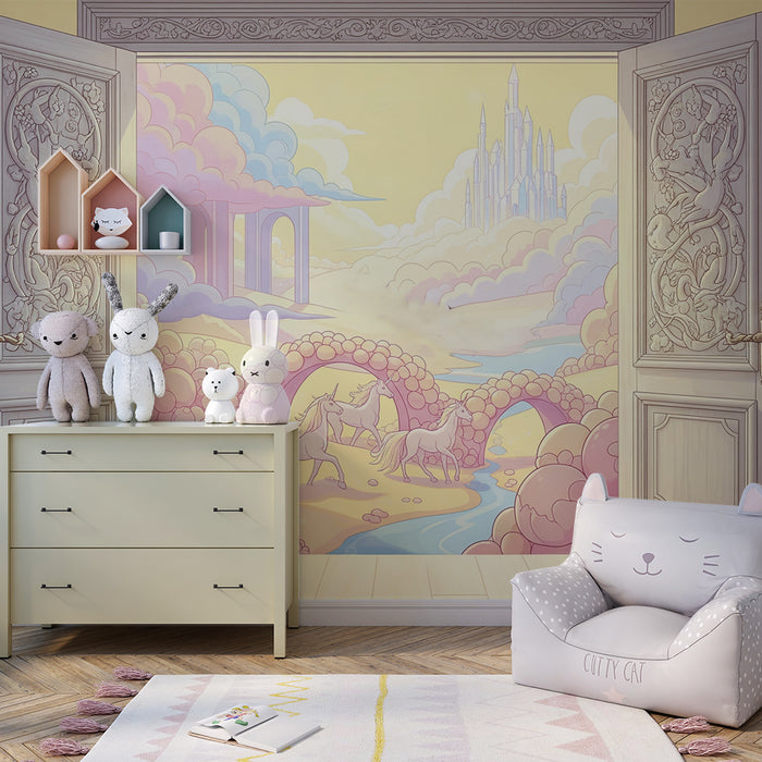 Carta da parati per camera bambini | Paesaggio incantato con unicorni e castello magico