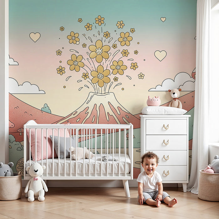 Kinderzimmer Tapete | Feenhafter Landschaft mit blühendem Vulkan und bunten Pilzen
