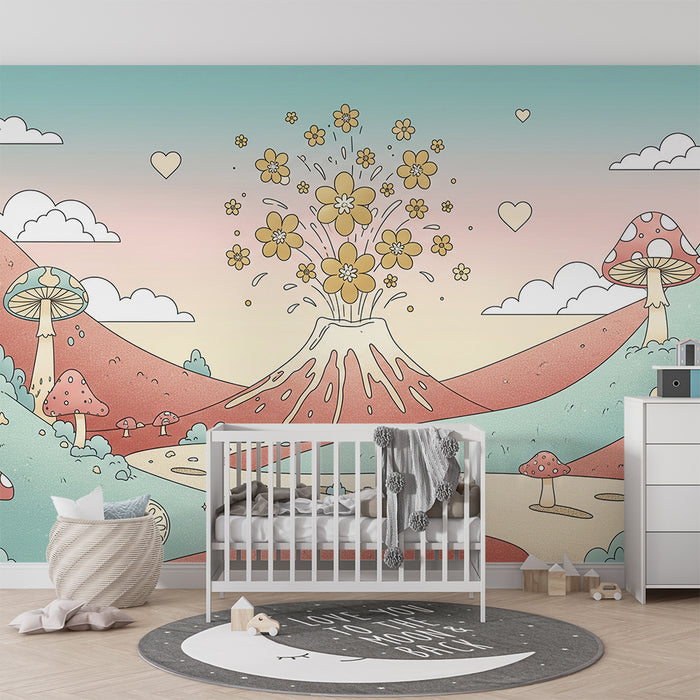 Kinderzimmer Tapete | Feenhafter Landschaft mit blühendem Vulkan und bunten Pilzen