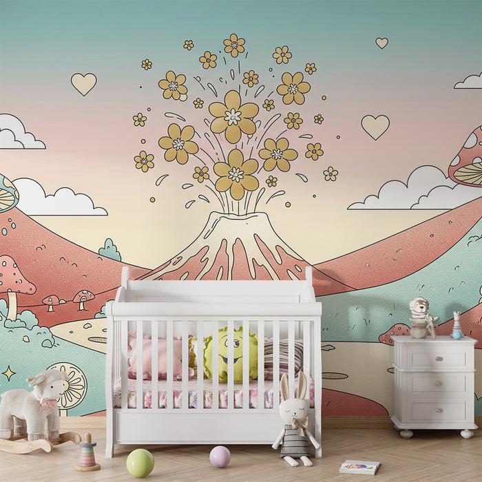 Kinderzimmer Tapete | Feenhafter Landschaft mit blühendem Vulkan und bunten Pilzen