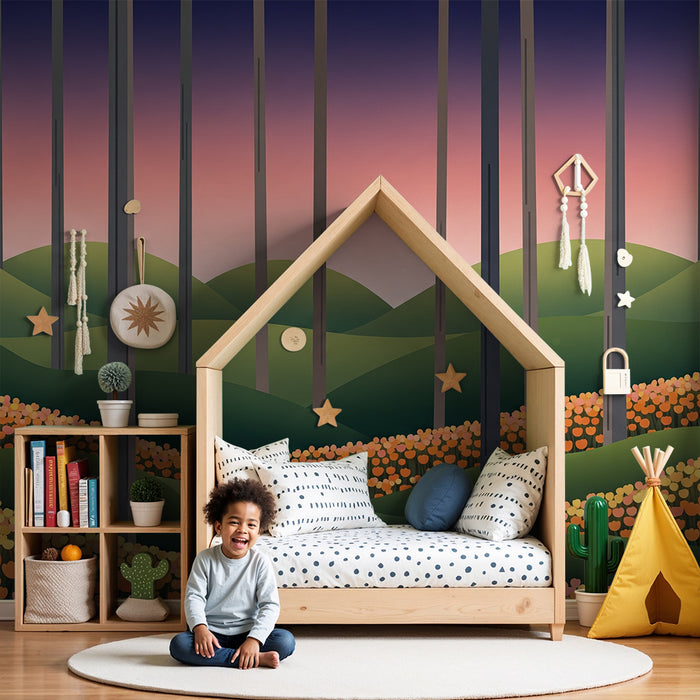 Kinderzimmer Tapete | Bunte Blumenlandschaft mit Hügeln und Bäumen