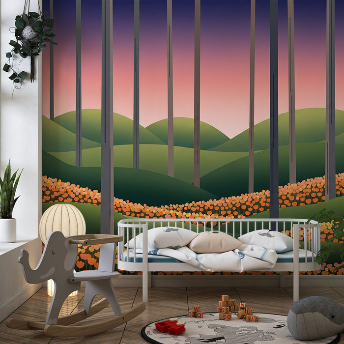 Kinderzimmer Tapete | Bunte Blumenlandschaft mit Hügeln und Bäumen