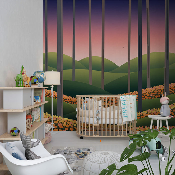 Kinderzimmer Tapete | Bunte Blumenlandschaft mit Hügeln und Bäumen