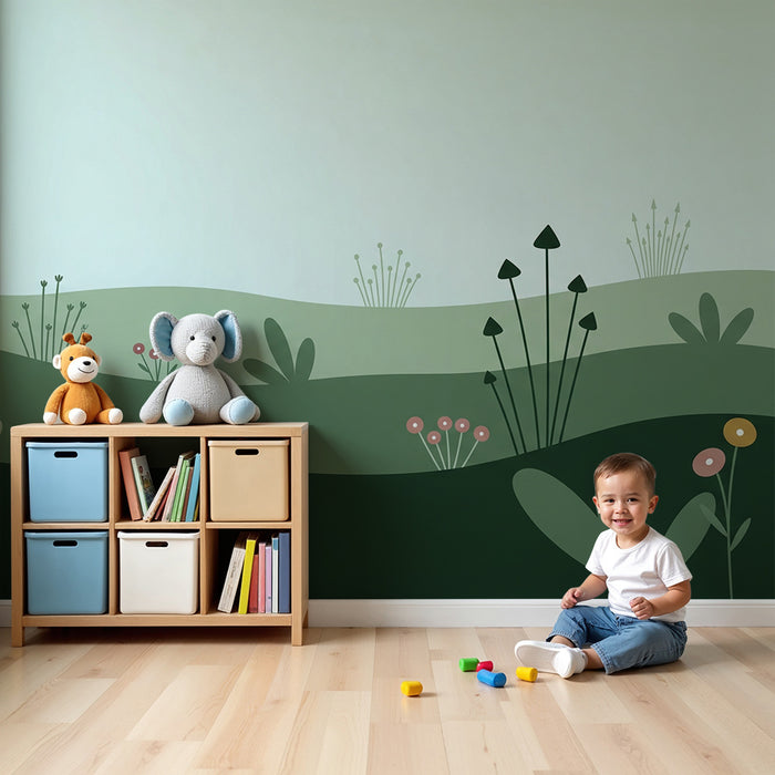 Carta da parati bambini | Paesaggio floreale dolce con colline verdi