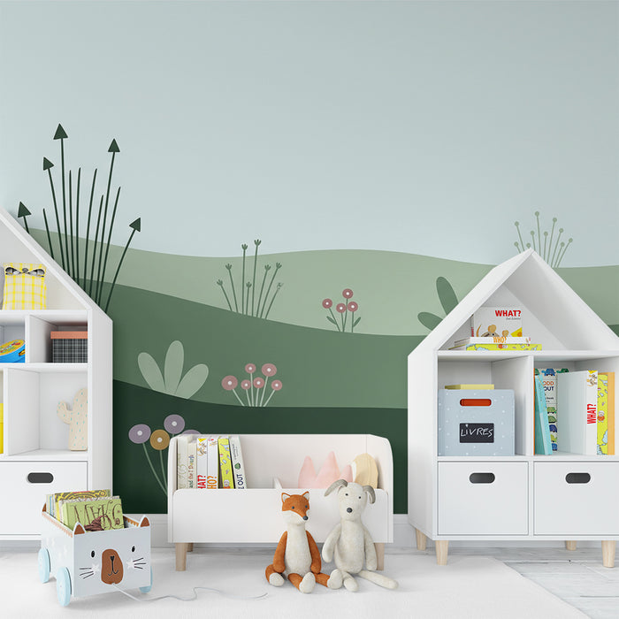 Carta da parati bambini | Paesaggio floreale dolce con colline verdi