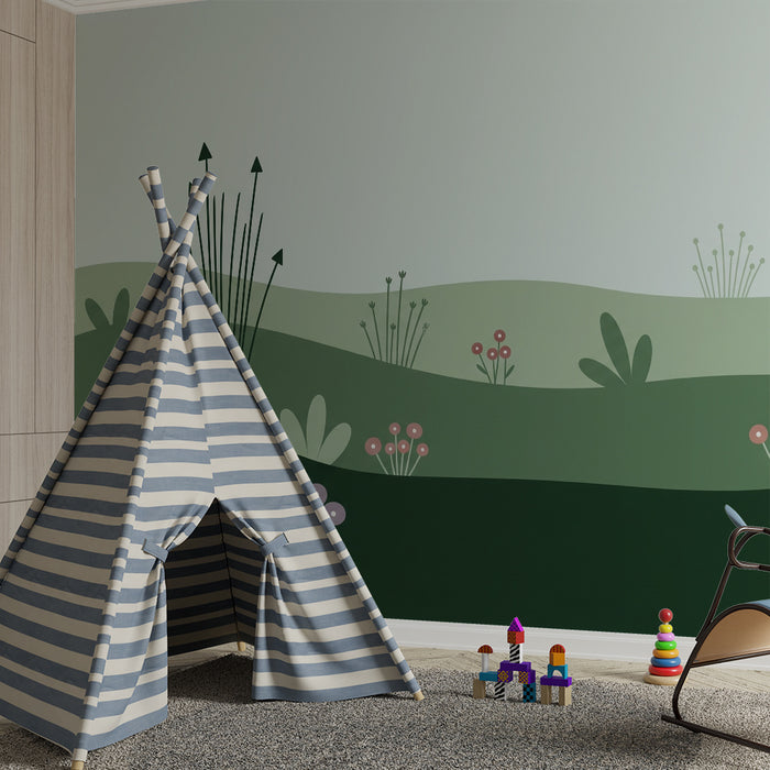 Carta da parati bambini | Paesaggio floreale dolce con colline verdi