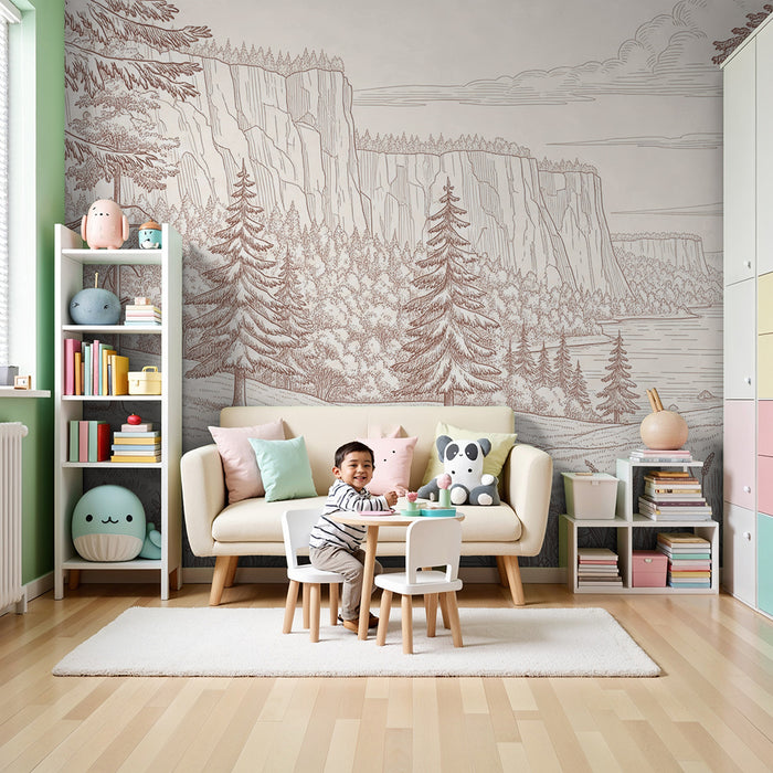 Papel de parede para quarto infantil | Paisagem florestal tranquila com rios e montanhas