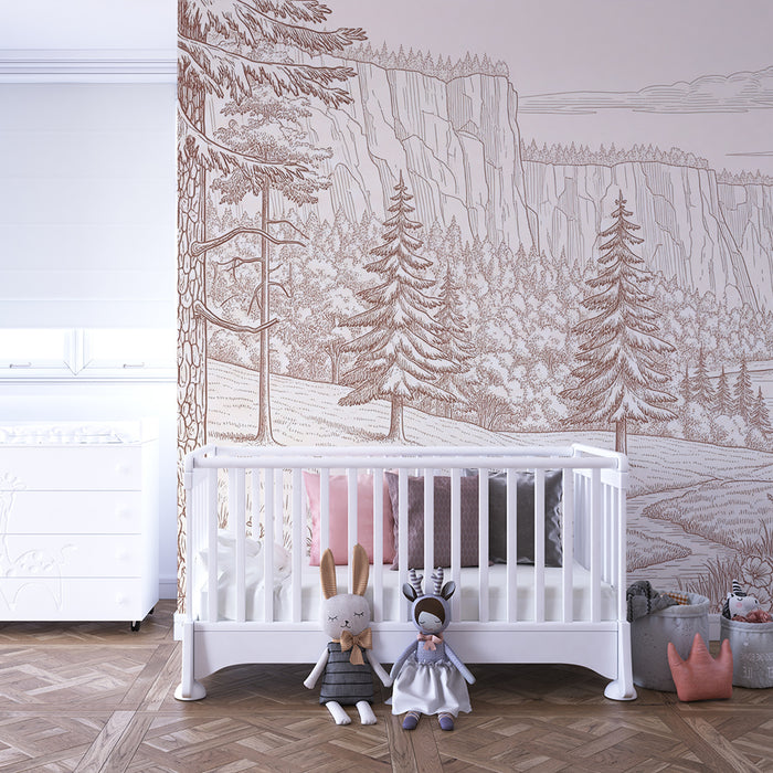 Papel de parede para quarto infantil | Paisagem florestal tranquila com rios e montanhas