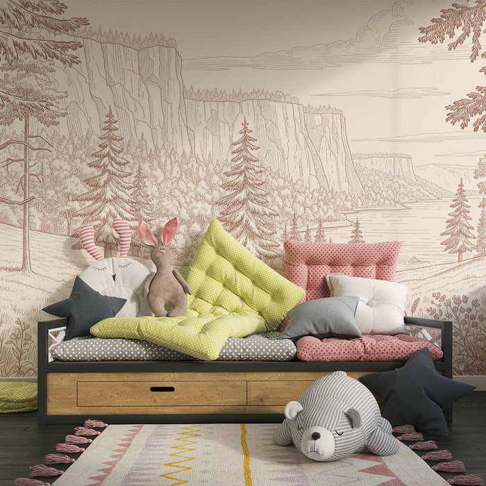 Papel de parede para quarto infantil | Paisagem florestal tranquila com rios e montanhas