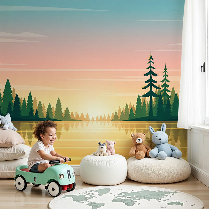 Papier peint chambre enfant | Paysage forestier au coucher de soleil avec reflets dorés