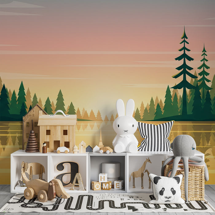 Papier peint chambre enfant | Paysage forestier au coucher de soleil avec reflets dorés