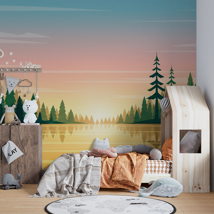 Papier peint chambre enfant | Paysage forestier au coucher de soleil avec reflets dorés