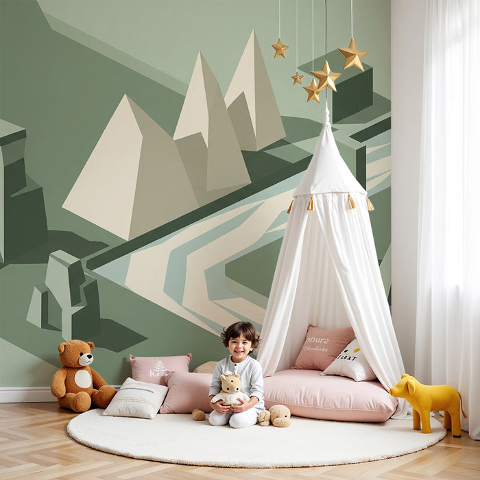 Kinderkamer behang | Rustgevend geometrisch landschap met abstracte vormen
