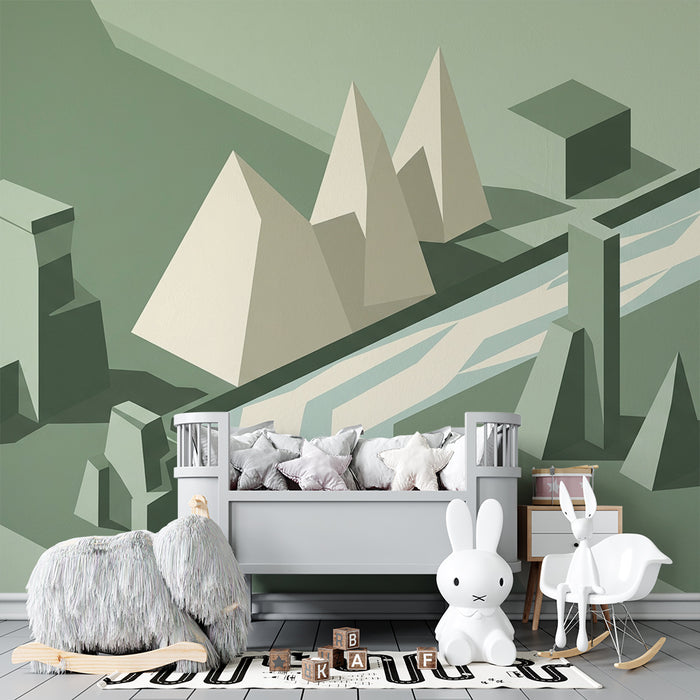 Kinderkamer behang | Rustgevend geometrisch landschap met abstracte vormen