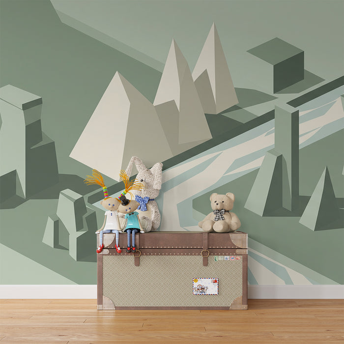 Kinderkamer behang | Rustgevend geometrisch landschap met abstracte vormen