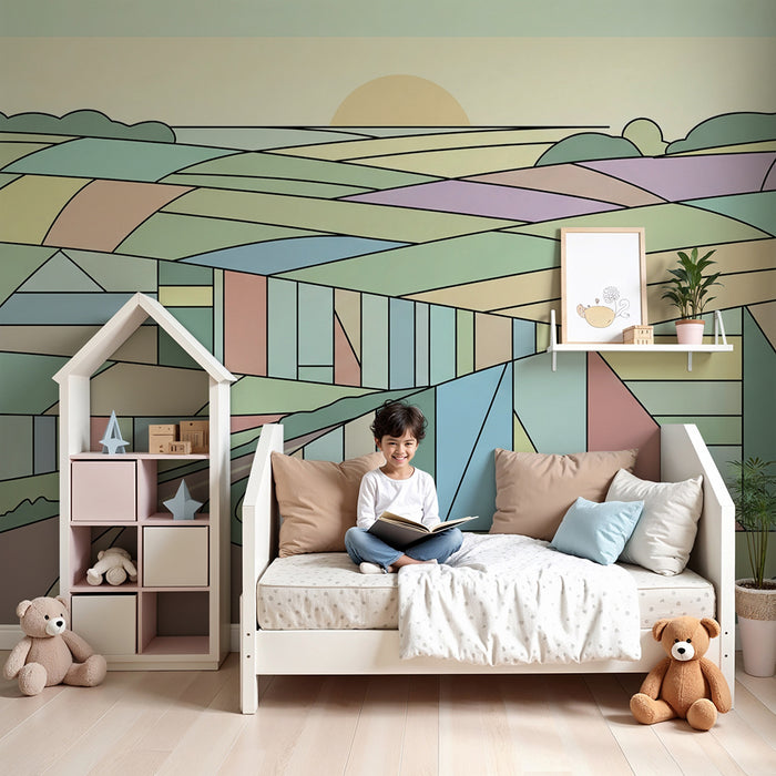 Tapet pentru cameră copil | Peisaj geometric pastelat cu drum șerpuit