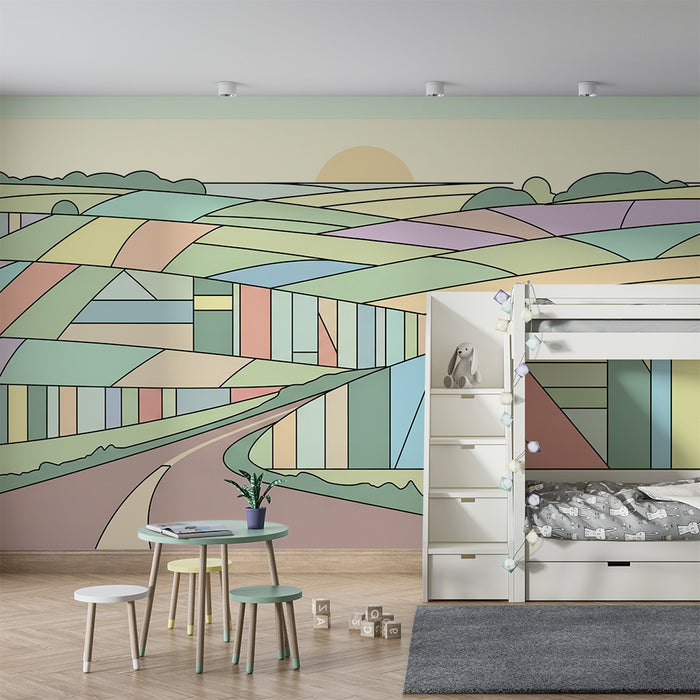 Tapet pentru cameră copil | Peisaj geometric pastelat cu drum șerpuit