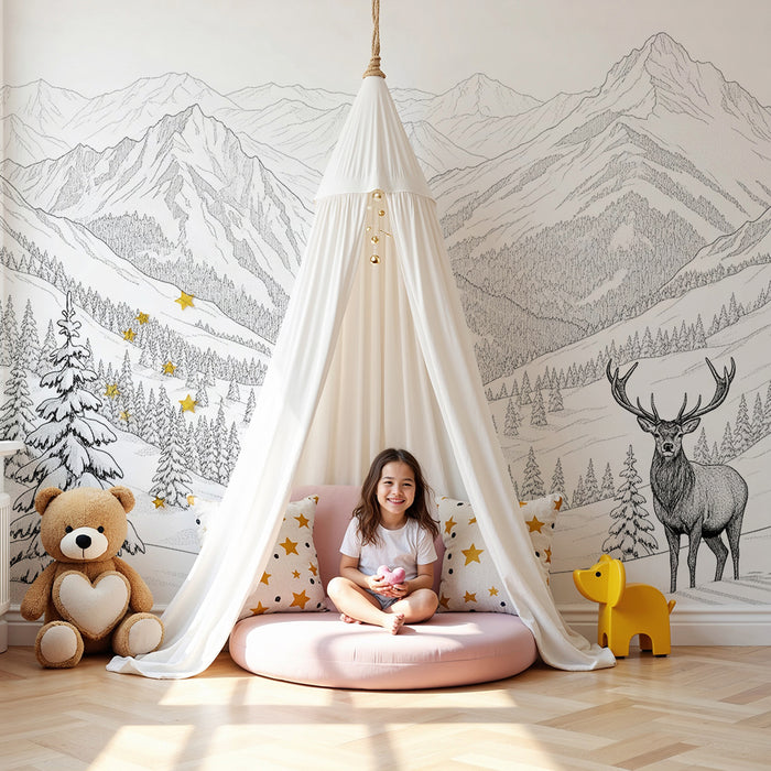Kinderzimmer-Tapete | Winterlandschaft mit Hirsch und majestätischen Bergen