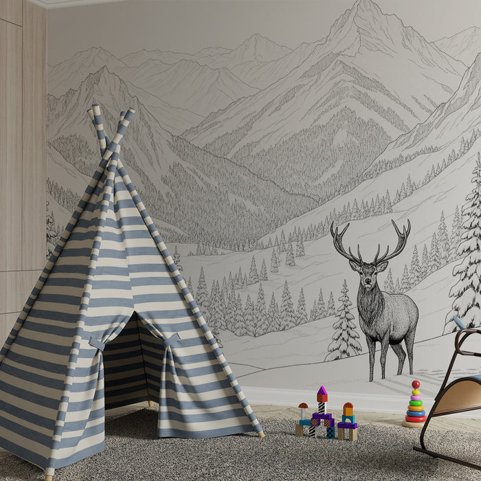Kinderzimmer-Tapete | Winterlandschaft mit Hirsch und majestätischen Bergen